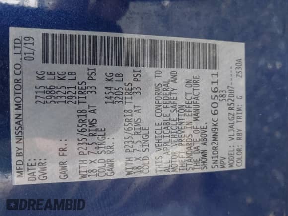 2019 Nissan Pathfinder SV с VIN 5N1DR2MN9KC605611, выставлен на аукционе IAAI как лот 42493233 с пробегом 117 827 миль миль и . История ставок и продаж доступна на DreamBid. Изображение 9.