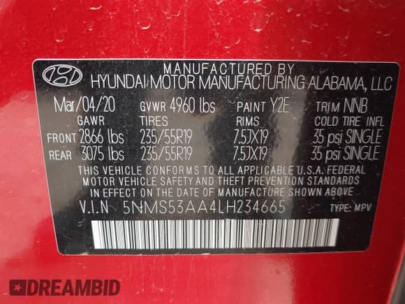 2020 Hyundai Santa Fe Limited with VIN 5NMS53AA4LH234665, listed as a IAAI auction lot 42524827 with 47,185 mi miles and . Bid and sale history available at DreamBid. Image 9.