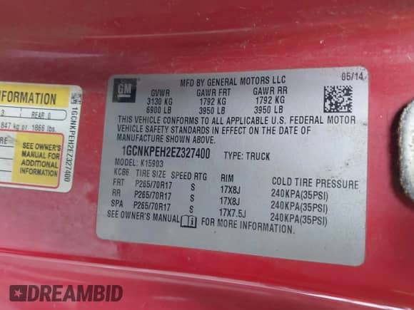 2014 Chevrolet Silverado 1500 Work Truck with VIN 1GCNKPEH2EZ327400, listed as a IAAI auction lot 42793863 with 117,085 mi miles and . Bid and sale history available at DreamBid. Image 9.