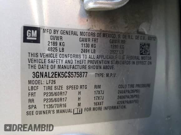 2012 Chevrolet Captiva Sport LS с VIN 3GNAL2EK5CS575877, выставлен на аукционе Copart как лот 68696054 с пробегом 188 728 миль миль и Списание • Salvage title. История ставок и продаж доступна на DreamBid. Изображение 13.