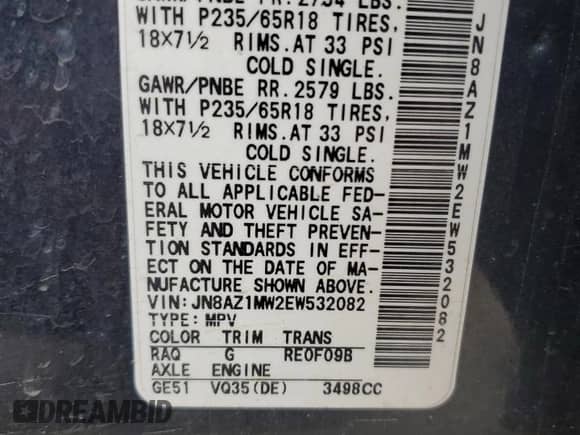 2014 Nissan Murano SV с VIN JN8AZ1MW2EW532082, выставлен на аукционе Copart как лот 64969475 с пробегом 86 381 миль миль и Списание • Salvage title. История ставок и продаж доступна на DreamBid. Изображение 13.