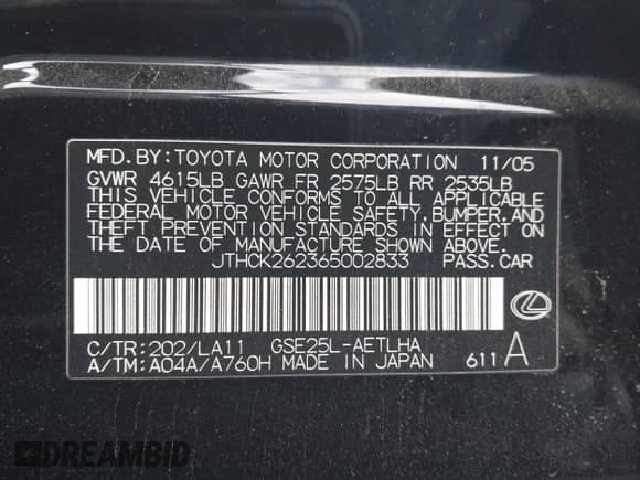 2006 Lexus IS 250 с VIN JTHCK262365002833, выставлен на аукционе IAAI как лот 43361013 с пробегом 191 702 миль миль и . История ставок и продаж доступна на DreamBid. Изображение 9.