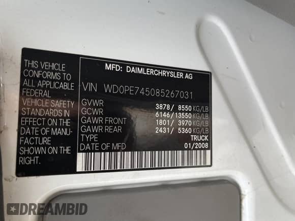 2008 Dodge Sprinter with VIN WD0PE745085267031, listed as a Copart auction lot 65642905 with 310,110 mi miles and Clean title. Bid and sale history available at DreamBid. Image 10.
