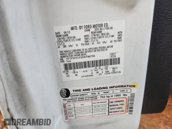 2013 Ford F-150 XL with VIN 1FTFW1CF0DKF86756, listed as a Copart auction lot 81214165 with 319,058 mi miles and Salvage title. Bid and sale history available at DreamBid. Image 13.