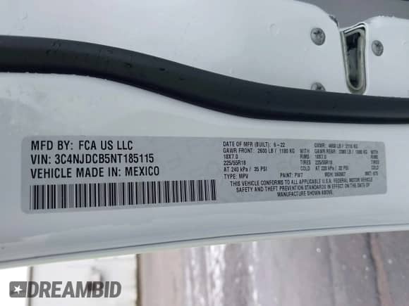 2022 Jeep Compass Limited with VIN 3C4NJDCB5NT185115, listed as a IAAI auction lot 42626053 with 39,163 mi miles and . Bid and sale history available at DreamBid. Image 9.