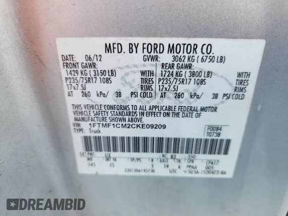 2012 Ford F-150 XL with VIN 1FTMF1CM2CKE09209, listed as a Copart auction lot 84871275 with 109,815 mi miles and Salvage title. Bid and sale history available at DreamBid. Image 12.