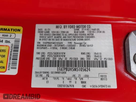 2021 Ford Mustang EcoBoost с VIN 1FATP8UH5M5105624, выставлен на аукционе IAAI как лот 42208858 с пробегом 83 971 миль миль и . История ставок и продаж доступна на DreamBid. Изображение 9.