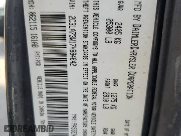 2007 Chrysler 300 C SRT-8 with VIN 2C3LA73W17H884642, listed as a Copart auction lot 50253175 with 189,585 mi miles and Salvage title. Bid and sale history available at DreamBid. Image 15.