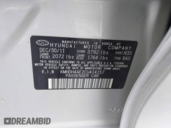 2012 Hyundai Elantra Limited z VIN KMHDH4AE2CU414157, wystawiony jako IAAI lot #42564679 z przebiegiem 113 262 mil mil oraz . Historia ofert i sprzedaży dostępna na DreamBid. Obrazek 9.