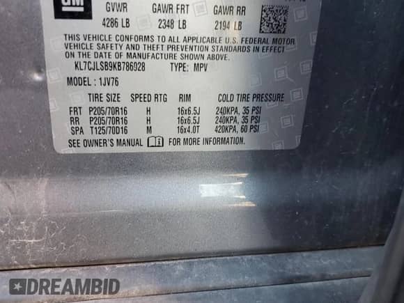 2019 Chevrolet Trax LT with VIN KL7CJLSB9KB786928, listed as a Copart auction lot 84182385 with 126,776 mi miles and Salvage title. Bid and sale history available at DreamBid. Image 13.