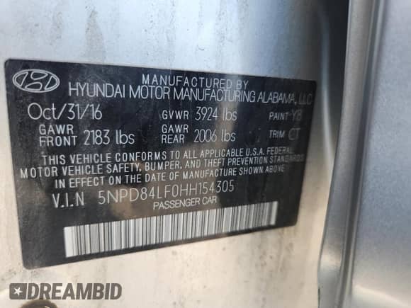 2017 Hyundai Elantra Limited with VIN 5NPD84LF0HH154305, listed as a Copart auction lot 70591215 with 152,956 mi miles and Salvage title. Bid and sale history available at DreamBid. Image 13.