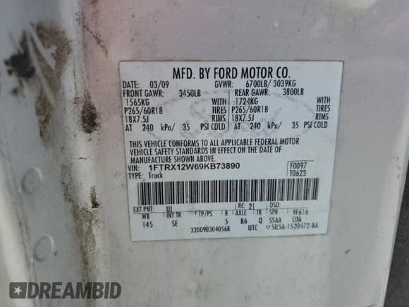 2009 Ford F-150 STX with VIN 1FTRX12W69KB73890, listed as a Copart auction lot 71760015 with 525,469 mi miles and Salvage title. Bid and sale history available at DreamBid. Image 12.