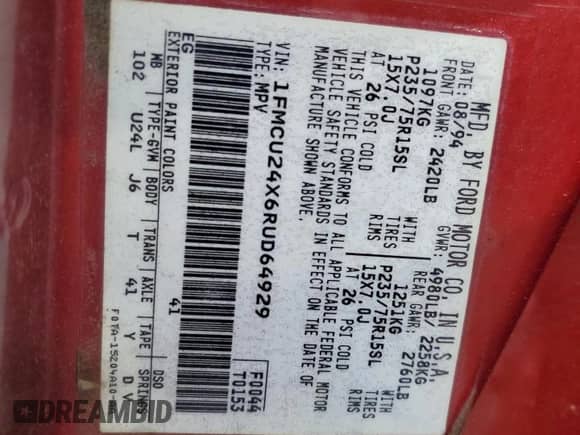 1994 Ford Explorer Eddie Bauer с VIN 1FMCU24X6RUD64929, выставлен на аукционе Copart как лот 54528475 с пробегом Не указан миль и Списание • Salvage title. История ставок и продаж доступна на DreamBid. Изображение 13.