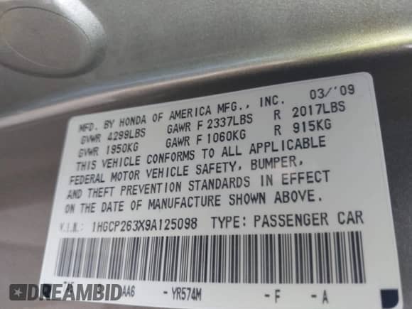 2009 Honda Accord LX with VIN 1HGCP263X9A125098, listed as a IAAI auction lot 43101217 with 200,832 mi miles and . Bid and sale history available at DreamBid. Image 9.