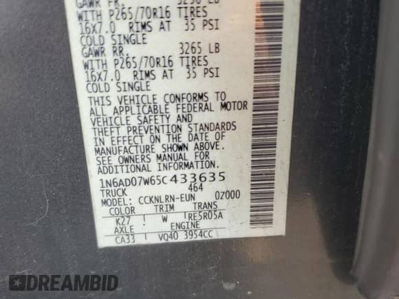 2005 Nissan Frontier LE с VIN 1N6AD07W65C433635, выставлен на аукционе Copart как лот 58577735 с пробегом 159 077 миль миль и Списание • Salvage title. История ставок и продаж доступна на DreamBid. Изображение 12.