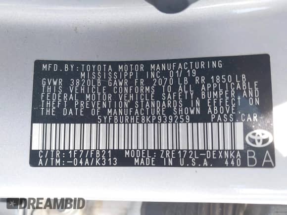 2019 Toyota Corolla L с VIN 5YFBURHE8KP939259, выставлен на аукционе IAAI как лот 43052365 с пробегом 163 503 миль миль и . История ставок и продаж доступна на DreamBid. Изображение 9.
