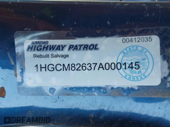 2007 Honda Accord EX-L with VIN 1HGCM82637A000145, listed as a IAAI auction lot 42629199 with 186,895 mi miles and . Bid and sale history available at DreamBid. Image 9.