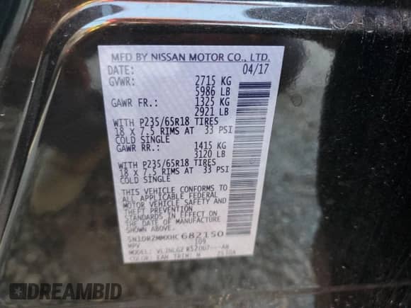 2017 Nissan Pathfinder SL with VIN 5N1DR2MMXHC682150, listed as a Copart auction lot 84249925 with Not provided miles and Salvage title. Bid and sale history available at DreamBid. Image 13.