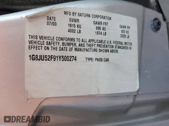 2001 Saturn LS with VIN 1G8JU52F91Y500274, listed as a Copart auction lot 47480355 with 184,698 mi miles and Salvage title. Bid and sale history available at DreamBid. Image 14.