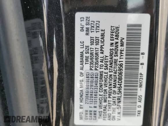 2013 Honda Odyssey EX-L z VIN 5FNRL5H64DB069561, wystawiony jako Copart lot #69430015 z przebiegiem 207 215 mil mil oraz Szkoda całkowita • Salvage title. Historia ofert i sprzedaży dostępna na DreamBid. Obrazek 13.