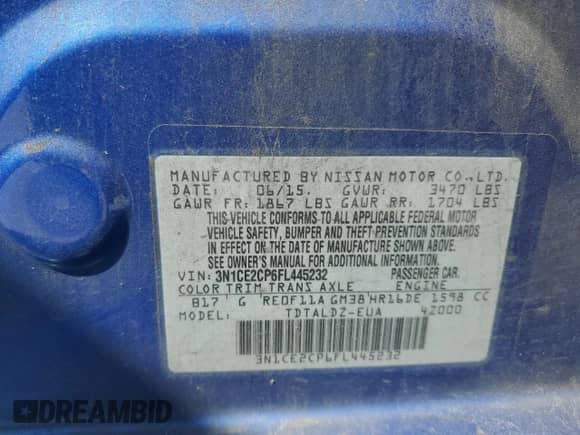 2015 Nissan Note SR с VIN 3N1CE2CP6FL445232, выставлен на аукционе Copart как лот 57836085 с пробегом 120 858 миль миль и На запчасти • Non repairable. История ставок и продаж доступна на DreamBid. Изображение 12.