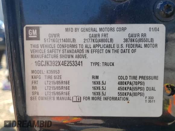 2004 Chevrolet Silverado 3500 с VIN 1GCJK392X4E253341, выставлен на аукционе Copart как лот 76623784 с пробегом 257 217 миль миль и Списание • Salvage title. История ставок и продаж доступна на DreamBid. Изображение 12.