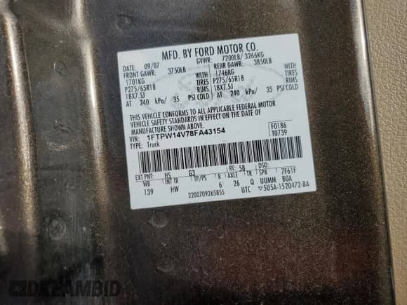 2008 Ford F-150 XLT с VIN 1FTPW14V78FA43154, выставлен на аукционе Copart как лот 82320595 с пробегом 109 171 миль миль и На запчасти • Non repairable. История ставок и продаж доступна на DreamBid. Изображение 12.