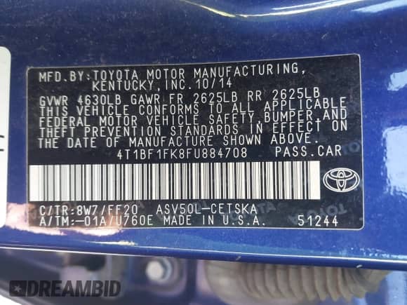 2015 Toyota Camry SE z VIN 4T1BF1FK8FU884708, wystawiony jako IAAI lot #43319973 z przebiegiem 224 820 mil mil oraz . Historia ofert i sprzedaży dostępna na DreamBid. Obrazek 9.