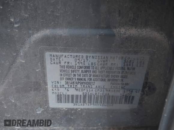 2017 Nissan Sentra S с VIN 3N1AB7AP9HY406012, выставлен на аукционе IAAI как лот 43104062 с пробегом Не указан миль и . История ставок и продаж доступна на DreamBid. Изображение 9.