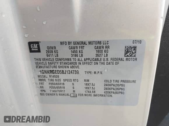 2011 Chevrolet Traverse 1LT с VIN 1GNKRGED5BJ124739, выставлен на аукционе IAAI как лот 43058689 с пробегом 132 104 миль миль и . История ставок и продаж доступна на DreamBid. Изображение 9.
