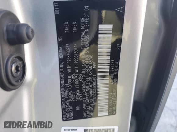 2017 Toyota Sienna XLE with VIN 5TDYZ3DC3HS885401, listed as a Copart auction lot 86446435 with 104,763 mi miles and Salvage title. Bid and sale history available at DreamBid. Image 14.