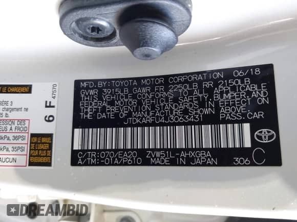 2018 Toyota Prius Two Eco with VIN JTDKARFU4J3063431, listed as a IAAI auction lot 43575943 with 145,140 mi miles and . Bid and sale history available at DreamBid. Image 9.