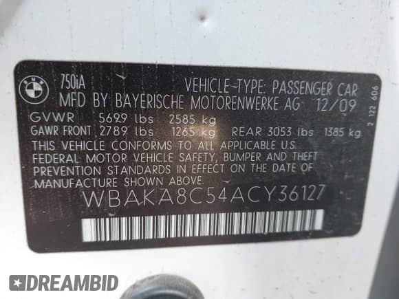2010 BMW 7 Series 750i with VIN WBAKA8C54ACY36127, listed as a IAAI auction lot 42392407 with 155,740 mi miles and . Bid and sale history available at DreamBid. Image 9.