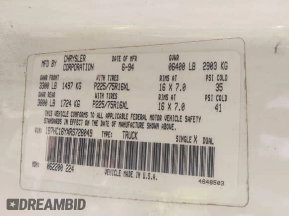 1994 Dodge 1500 z VIN 1B7HC16YXRS728049, wystawiony jako IAAI lot #42449949 z przebiegiem 132 493 mil mil oraz . Historia ofert i sprzedaży dostępna na DreamBid. Obrazek 9.