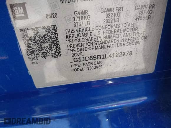 2020 Chevrolet Sonic LT with VIN 1G1JD5SB1L4122778, listed as a IAAI auction lot 39762657 with 30,659 mi miles and . Bid and sale history available at DreamBid. Image 9.