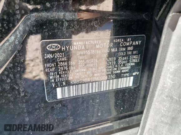 2021 Hyundai Santa Fe SEL Premium с VIN KM8S3DA10MU004350, выставлен на аукционе Copart как лот 71812385 с пробегом 60 552 миль миль и Списание • Salvage title. История ставок и продаж доступна на DreamBid. Изображение 14.