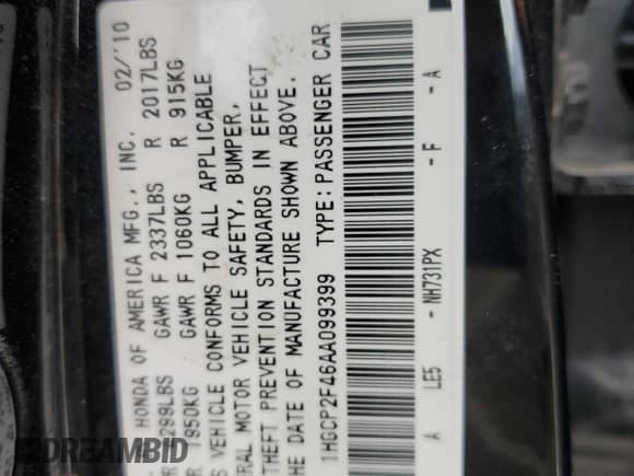 2010 Honda Accord LX-P with VIN 1HGCP2F46AA099399, listed as a Copart auction lot 85363865 with 115,867 mi miles and Salvage title. Bid and sale history available at DreamBid. Image 12.