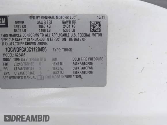 2012 Chevrolet Express Cargo with VIN 1GCWGFCA0C1120456, listed as a IAAI auction lot 42781725 with 118,485 mi miles and . Bid and sale history available at DreamBid. Image 9.