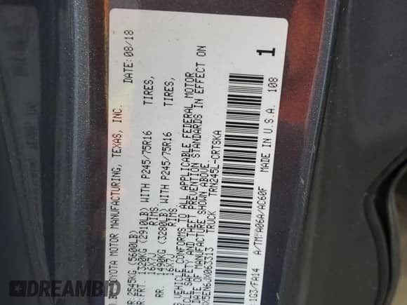 2018 Toyota Tacoma SR с VIN 5TFSX5EN6JX063313, выставлен на аукционе Copart как лот 63199185 с пробегом 112 559 миль миль и Списание • Salvage title. История ставок и продаж доступна на DreamBid. Изображение 13.