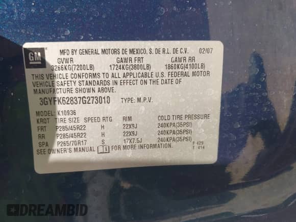 2007 Cadillac Escalade EXT with VIN 3GYFK62837G273010, listed as a IAAI auction lot 42678970 with Not provided miles and . Bid and sale history available at DreamBid. Image 9.