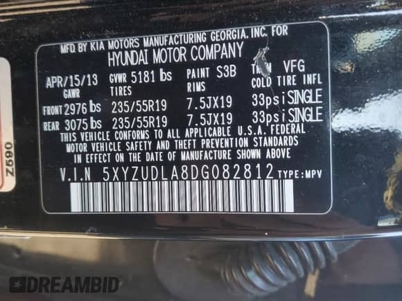 2013 Hyundai Santa Fe Sport with VIN 5XYZUDLA8DG082812, listed as a Copart auction lot 84410335 with 193,255 mi miles and Clean title. Bid and sale history available at DreamBid. Image 13.