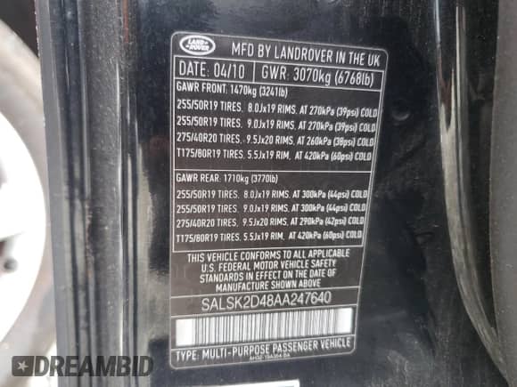 2010 Land Rover Range Rover Sport HSE Lux with VIN SALSK2D48AA247640, listed as a Copart auction lot 66190825 with 159,860 mi miles and Clean title. Bid and sale history available at DreamBid. Image 13.