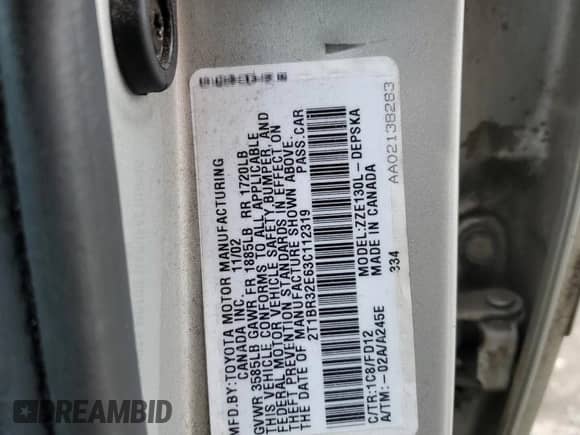 2003 Toyota Corolla S with VIN 2T1BR32E63C112319, listed as a Copart auction lot 55918315 with 193,316 mi miles and Salvage title. Bid and sale history available at DreamBid. Image 12.