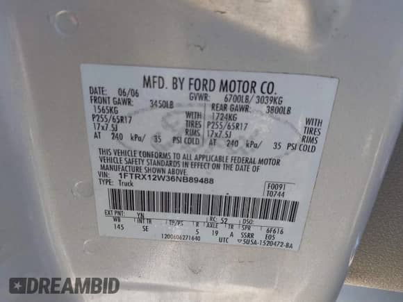 2006 Ford F-150 STX with VIN 1FTRX12W36NB89488, listed as a IAAI auction lot 43376861 with 250,306 mi miles and . Bid and sale history available at DreamBid. Image 9.