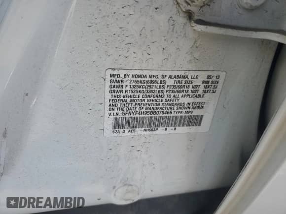 2013 Honda Pilot Touring with VIN 5FNYF4H95DB070466, listed as a Copart auction lot 85595265 with 228,064 mi miles and Clean title. Bid and sale history available at DreamBid. Image 13.