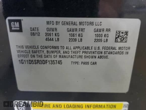 2013 Chevrolet Malibu Eco with VIN 1G11D5SR3DF135745, listed as a Copart auction lot 85105395 with 102,503 mi miles and Salvage title. Bid and sale history available at DreamBid. Image 12.