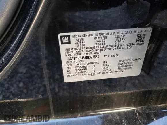 2017 GMC Sierra 1500 Denali with VIN 3GTP1PEJ8HG377530, listed as a Copart auction lot 82701204 with Not provided miles and Salvage title. Bid and sale history available at DreamBid. Image 12.