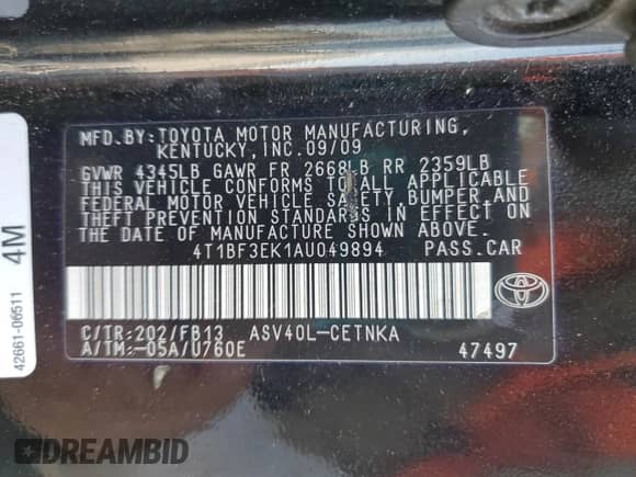 2010 Toyota Camry with VIN 4T1BF3EK1AU049894, listed as a Copart auction lot 70311665 with 156,394 mi miles and Salvage title. Bid and sale history available at DreamBid. Image 12.