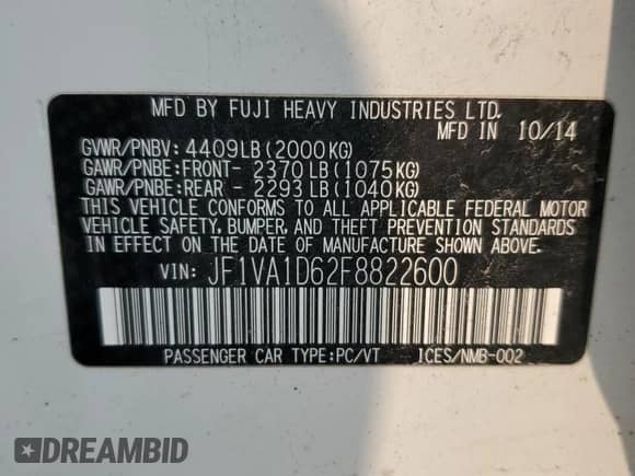 2015 Subaru WRX Premium with VIN JF1VA1D62F8822600, listed as a Copart auction lot 72009905 with 135,151 mi miles and Salvage title. Bid and sale history available at DreamBid. Image 12.