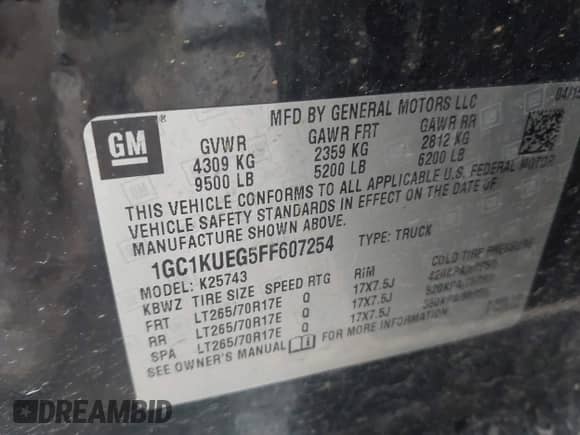 2015 Chevrolet Silverado 2500HD Work Truck z VIN 1GC1KUEG5FF607254, wystawiony jako IAAI lot #42287674 z przebiegiem 105 845 mil mil oraz . Historia ofert i sprzedaży dostępna na DreamBid. Obrazek 9.